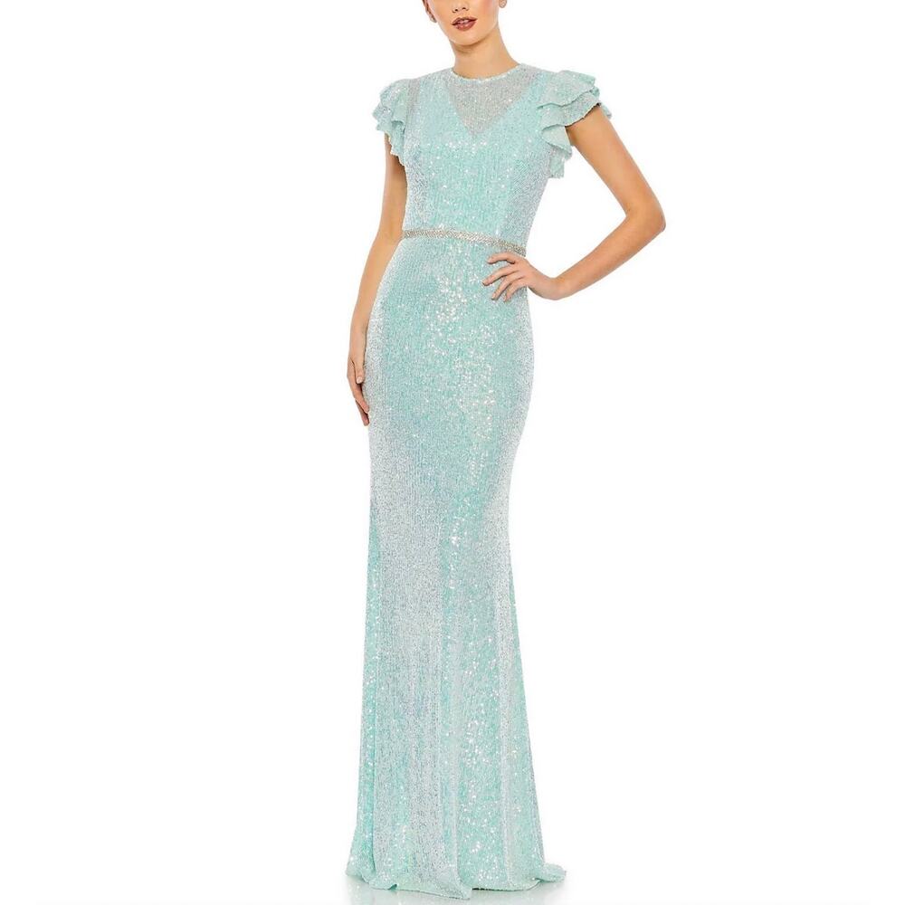 Mac Duggal 26942 Sequin Short Sleeve Column Evening Gown Ice Blue Size 14 Dress